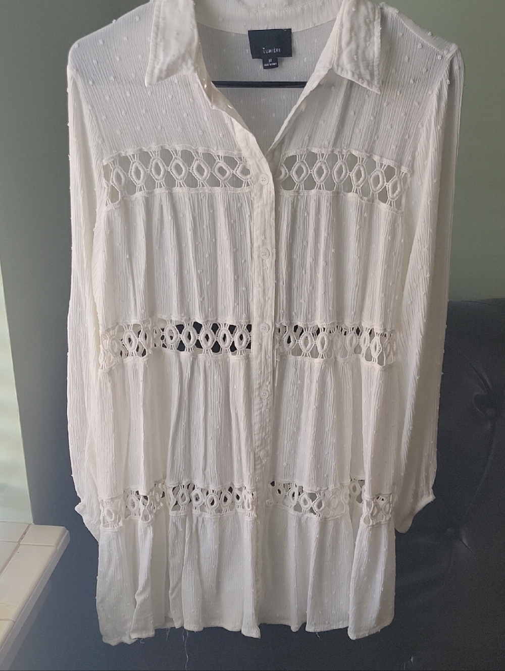 Lumiere Cream Button-Front Crochet Tunic